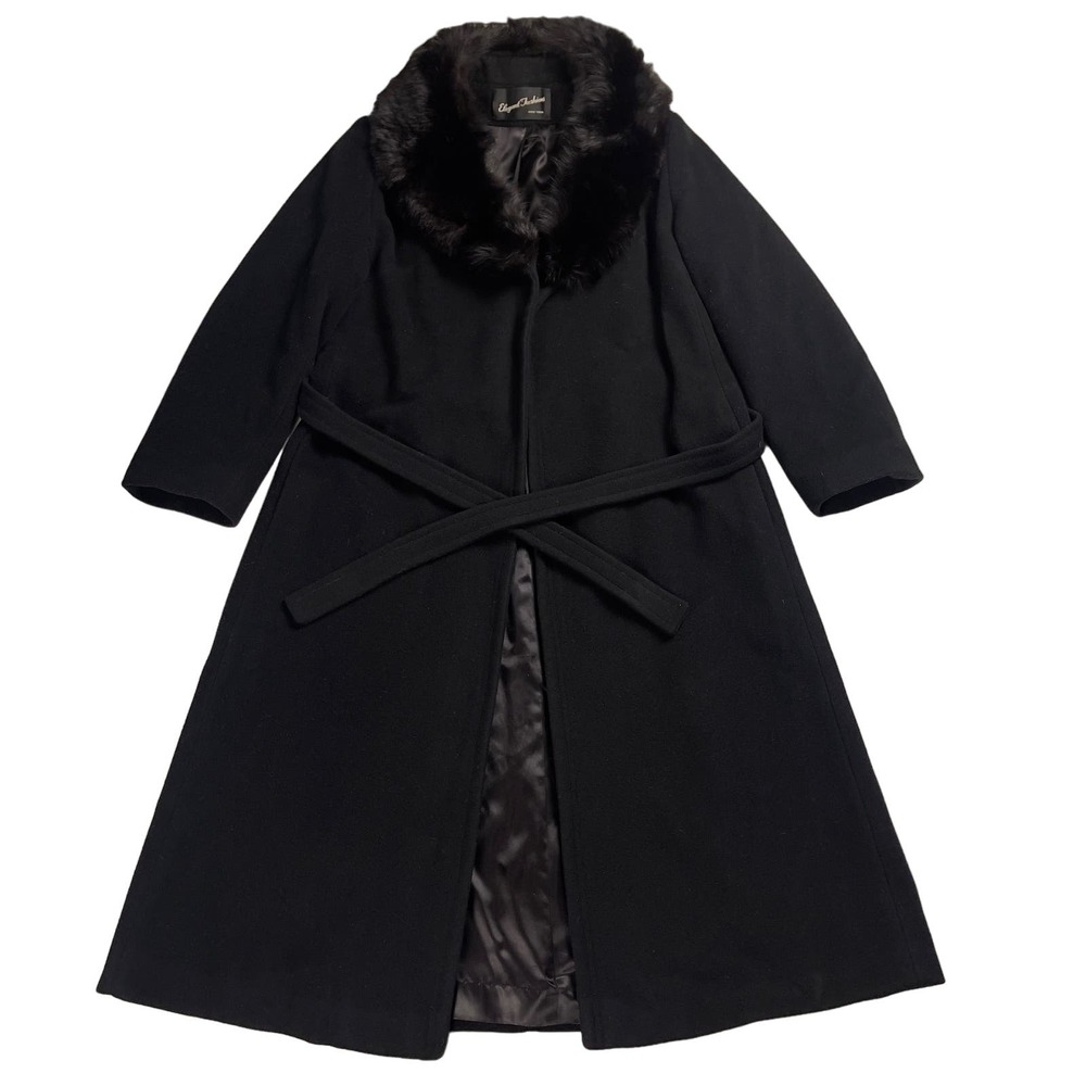 VTG Union Made Elegant Fashions NY Black Fur Lined Wool Wrap Trench Overcoat S